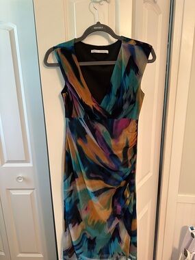 Maggy London Teal Purple Gold Abstract Wrap-Style Midi Dress
